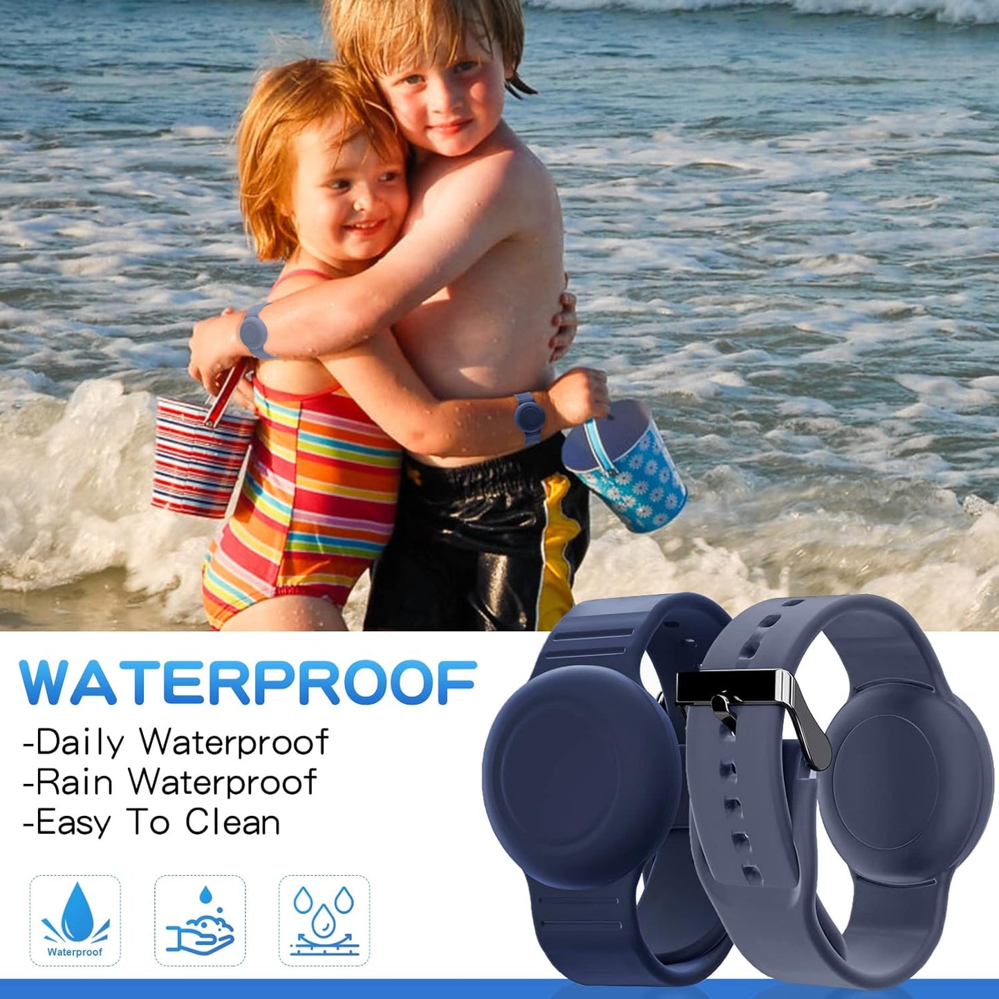 Waterproof Bracelet Compatible with Airtag Case for Kids(2 Pack), Soft Silicone Hidden Wristband, Lightweight GPS Tracker Compatible with Apple Air Tag Watch Band for Child (Grey Blue & Navy Blue)