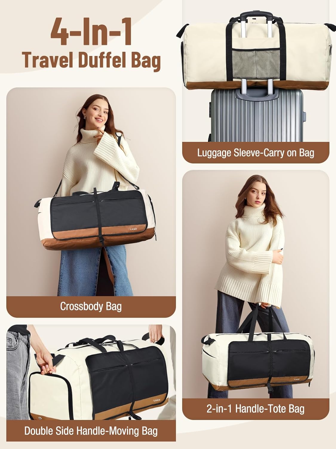 Lekesky Foldable Travel Duffle Bag for Women, Large Duffel Bag with Separate Shoes Compartments & Straps, Carry On Weekend Bag for Women, Hospital, Overnight (Camel & Brown, 80L)