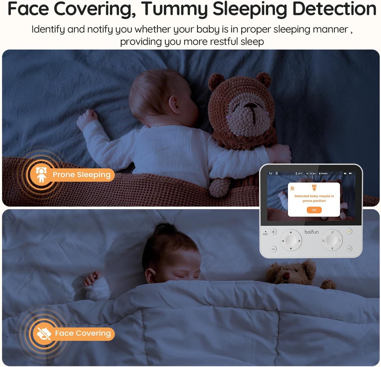 BOIFUN 5.5" AI 4MP Baby Monitor Pro Max: App (Wi-Fi) and Monitor (No Wi-Fi) Control, Upgrade AI Detection (Tummy Sleeping & Face Area), Colorful Night Light, 360° Camera, Motion & Sound Detection