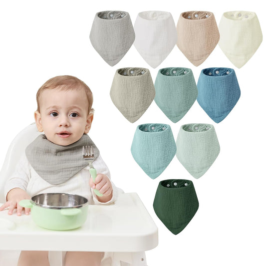 JELLYMONI 10 Pack Muslin Drool Bibs for Babies - Soft Adjustable Bandana Bib with Snaps, Absorbent Unisex Teething Bib for Newborn Girls & Boys