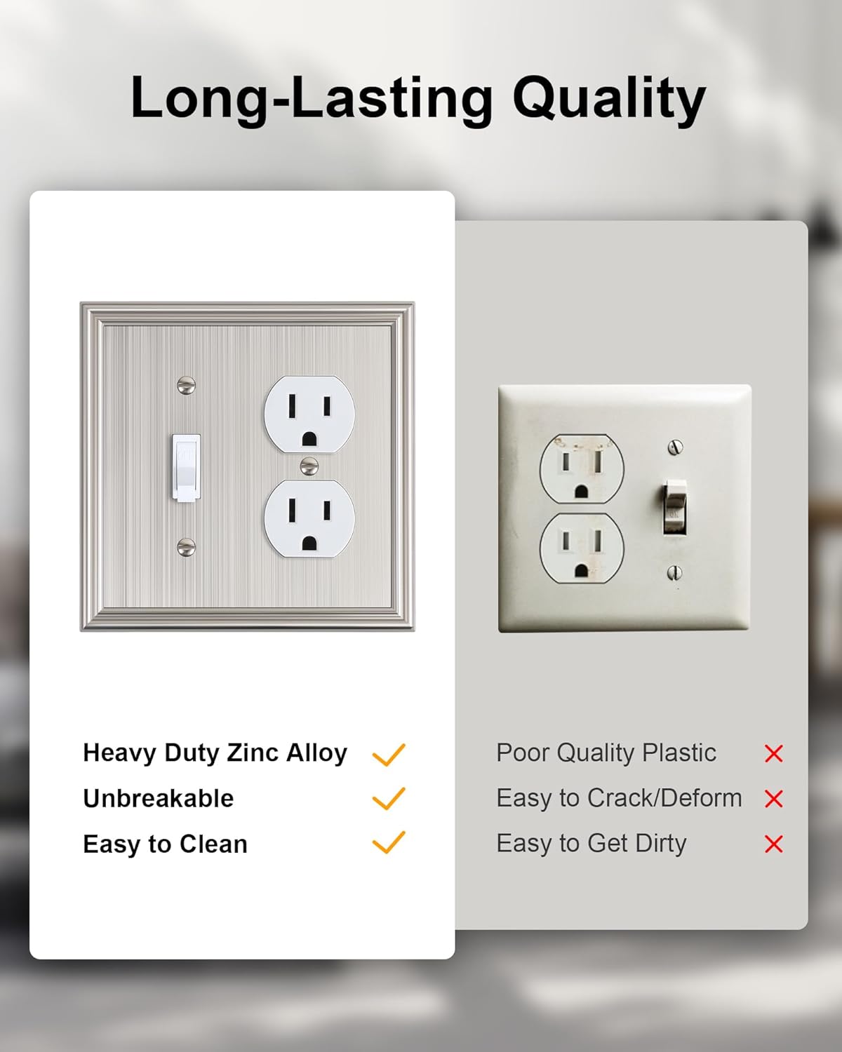 2-Pack Combo Toggle/Duplex Light Switch Cover Plate, Brushed Nickel Wall Outlet Cover Plate, Decorative Wall Receptacle Cover for Electrical Outlets, Light Switch, Durable Solid Zinc Alloy