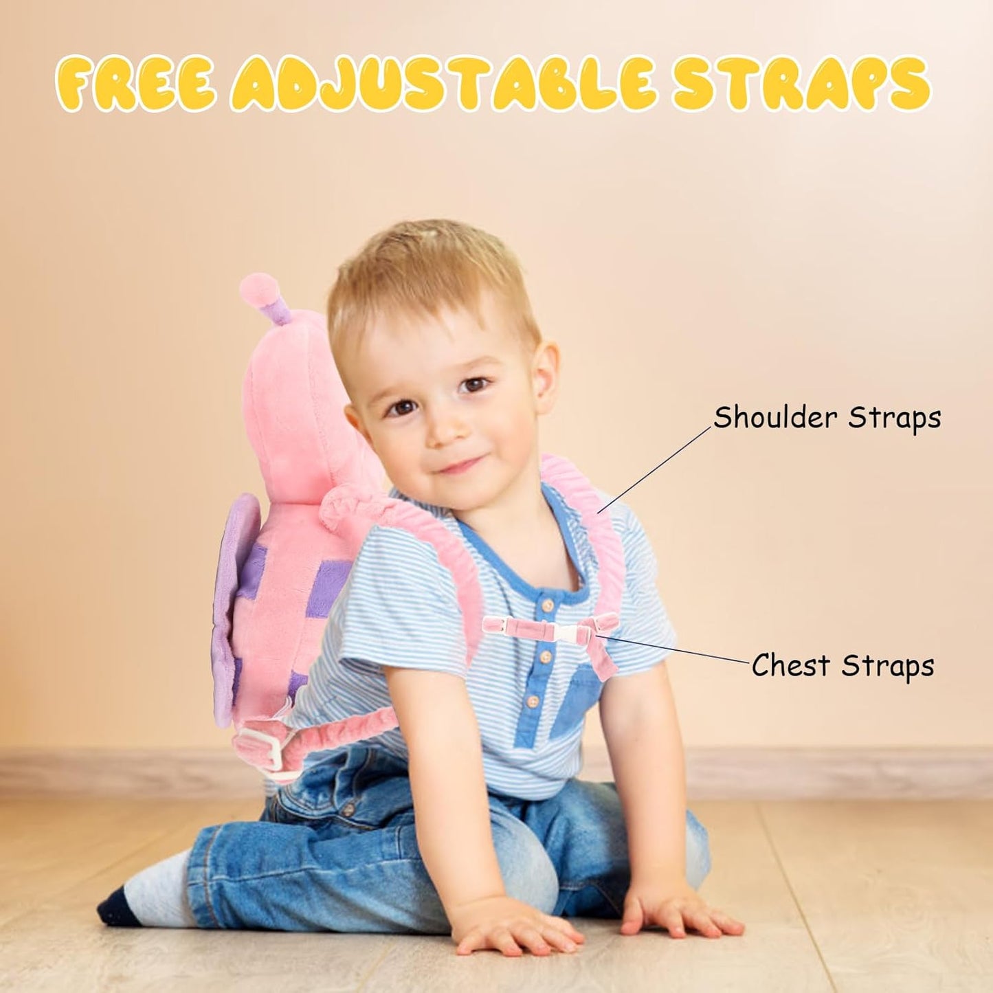 Baby Head Protection Backpack - Soft & Comfortable, Cute Cartoon Design, Pink Butterfly