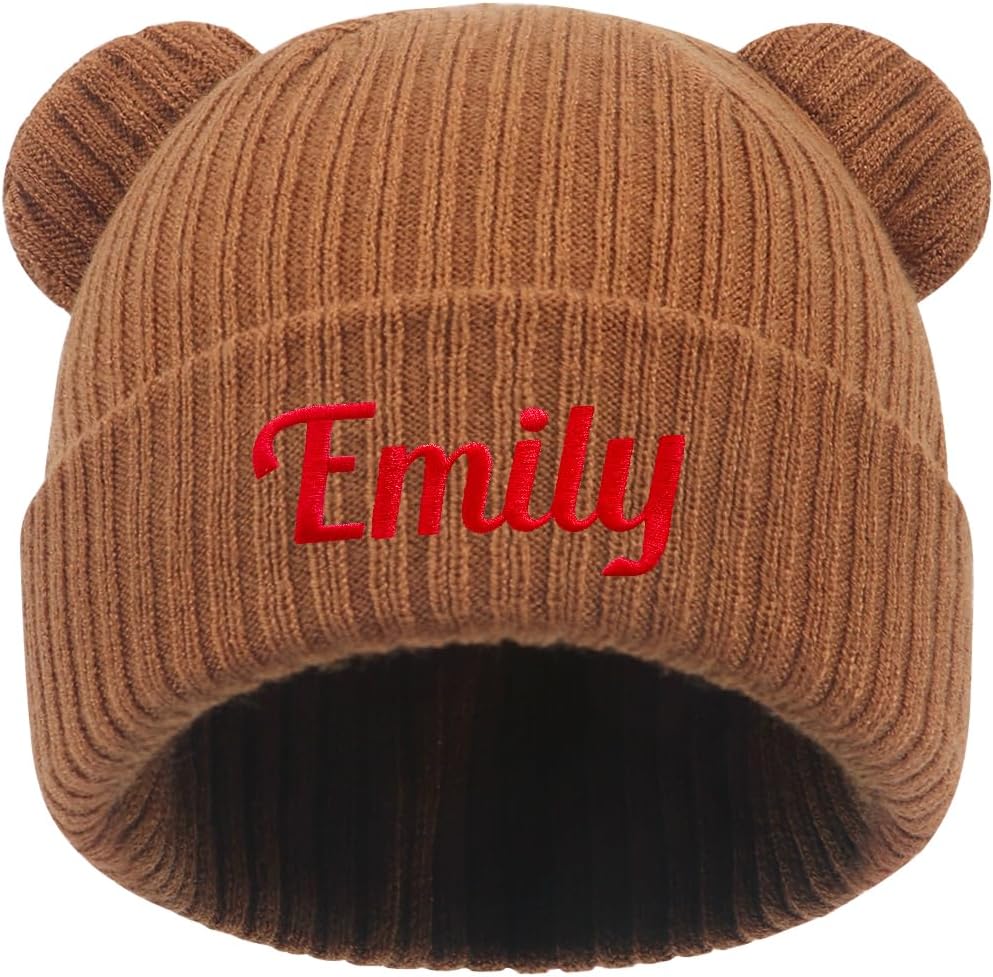 Personalized Baby Beanies Hats, Custom Embroidered Name Knitted Toddler Winter Bear Ear Hat