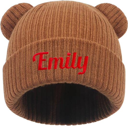 Personalized Baby Beanies Hats, Custom Embroidered Name Knitted Toddler Winter Bear Ear Hat