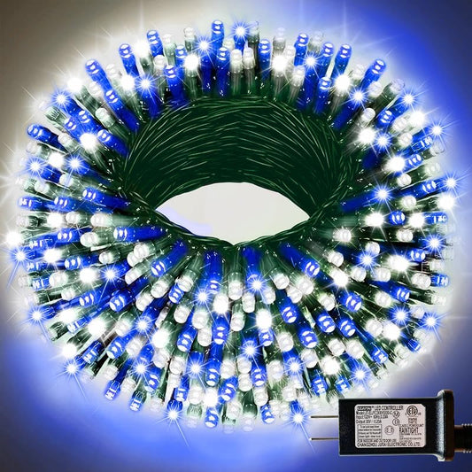 66ft Christmas Decorative Mini Lights, 200 LED Green Wire Fairy Starry String Lights Plug in, 16 Lighting Modes for Indoor Outdoor Xmas Tree Wedding Party Decoration (White +Blue)