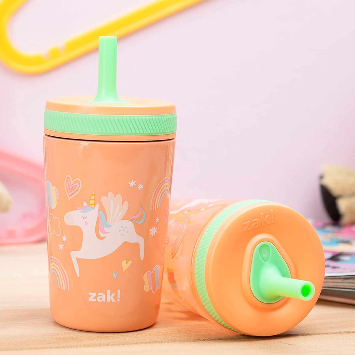 Zak Designs Unicorn Kelso Tumbler Set, Leak-Proof Screw-On Lid with Straw, Bundle for Kids Includes Plastic and Stainless Steel Cups with Bonus Sipper, 3pc Set, Non-BPA, 15 fl.oz.