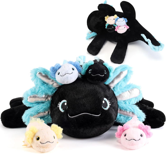5 Pieces Axolotl Stuffed Animals with Babies Inside Belly - 1 Mommy Stuffed Axolotl with 4 Babies - Black Axolotls Plush Toy for Kid Age 3-8, Gift Ideal for Christmas, Valentine's, Birthday