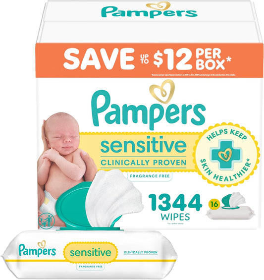 Pampers Baby Wipes, Sensitive, Water Based Wipe, Clinically Proven, Hypoallergenic, and Unscented for Babies, 1344 Wipes Total (16 Flip-Top Packs) [Packaging May Vary]
