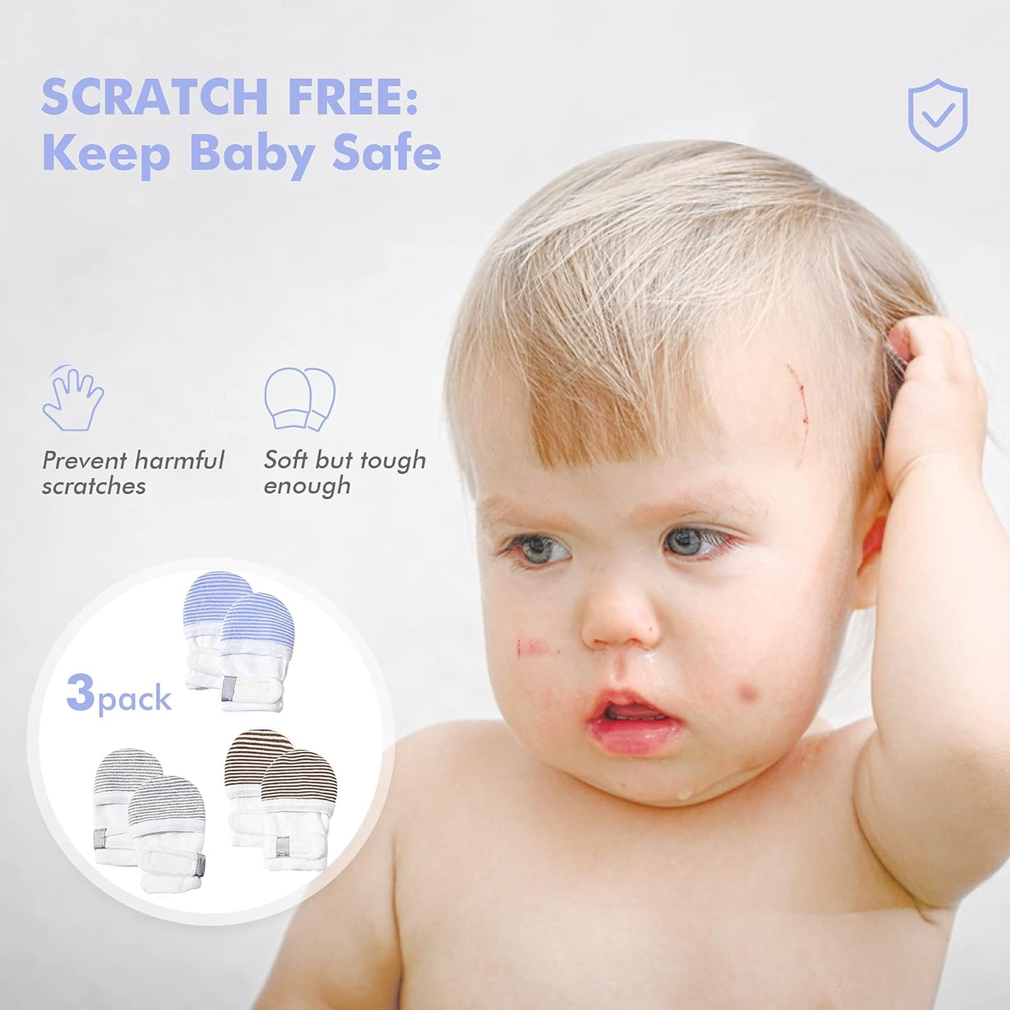 HAPIU Baby No Scratch Mittens Stay On, 100% Cotton Breathable, Adjustable Infant Gloves for Boys Girls, Newborn - 12 M