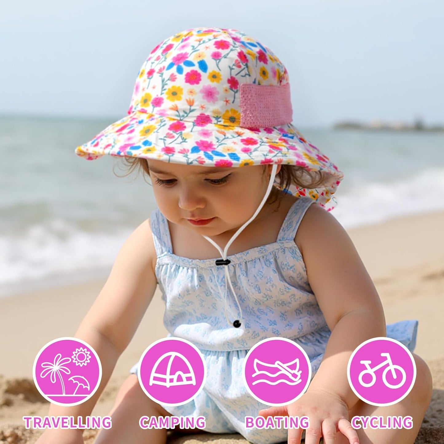 Toddler Baby Sun Hat Kids Summer UPF 50+ for Boys Girls Adjustable Beach Hats with Bucket Wide Brim Age 1-7 Years