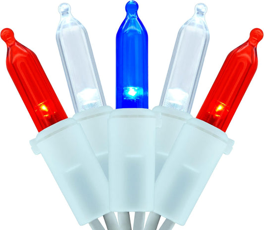 YULETIME 200 Count Red White & Blue LED Christmas Lights, 66 Feet White Wire UL Certified Commercial Grade Holiday String Light Set