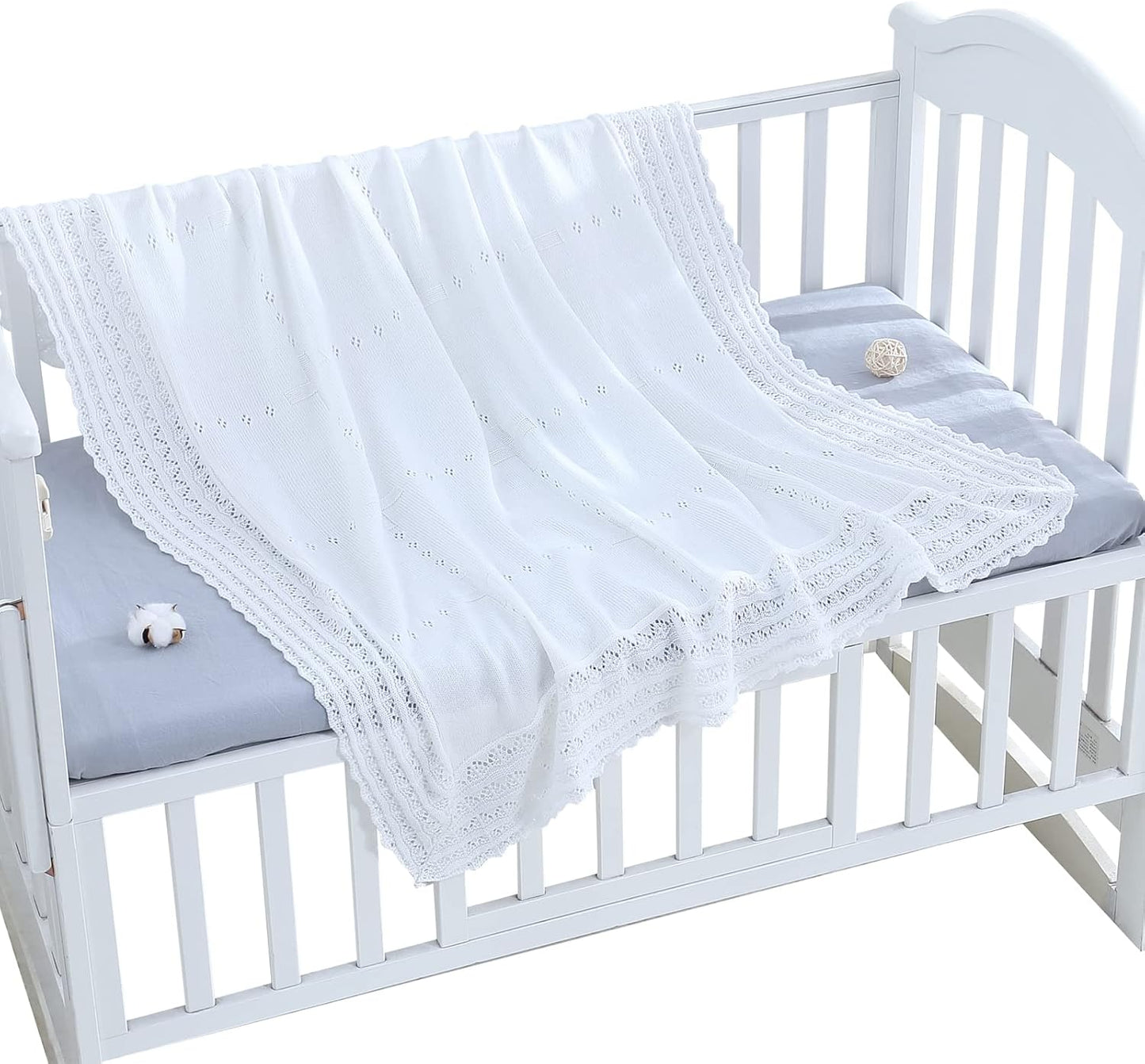 Booulfi Baby Blanket White Receiving Blanket Baptism Christening Towel for Newborn Girls Boys, White Cotton Knit Thermal Baby Blanket Shawl with Cross Pattern, 47”x47”