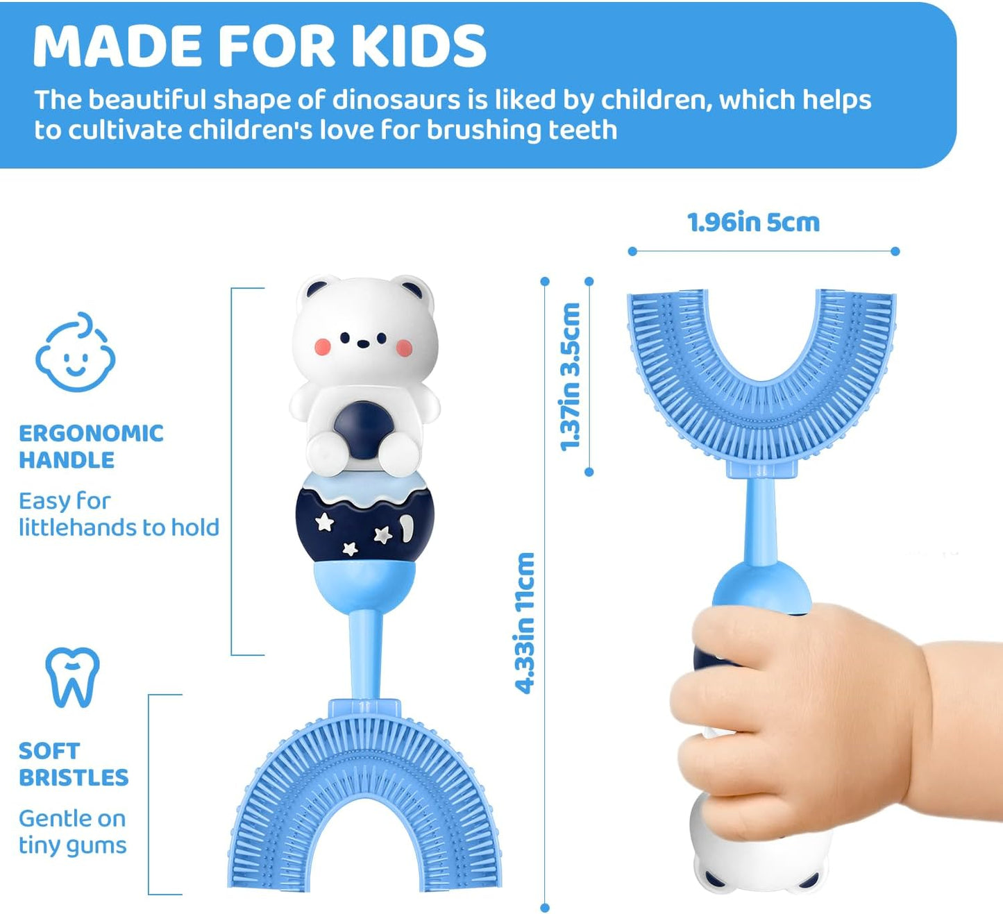 U-Shaped Toothbrush for Kids Ages 2-7， Soft Food-Grade Silicone for Sensitive Gums， 360° Teeth Cleaning Design，Training & Travel-Friendly Toddlers' Toothbrush (Blue)