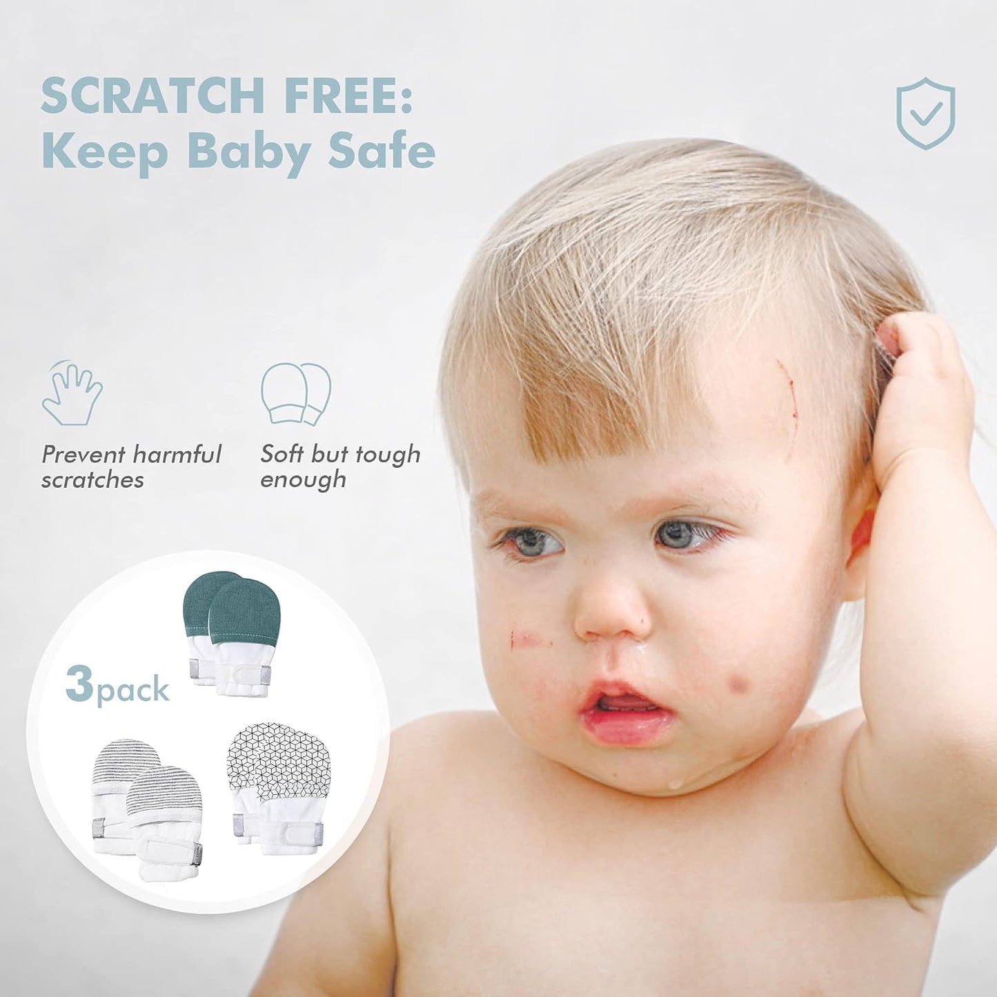 HAPIU Baby No Scratch Mittens Stay On, 100% Cotton Breathable, Adjustable Infant Gloves for Boys Girls, Newborn - 12 M