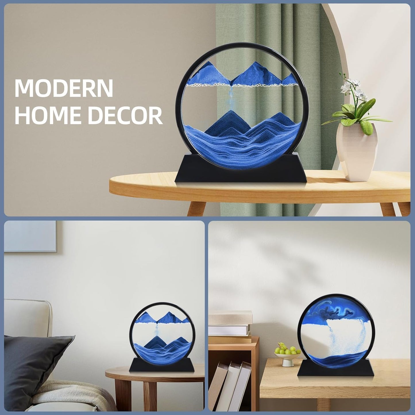 KPNUWN Moving Sand Art Liquid Motion, 3D Deep Sea Sandscape Color Quicksand Decor, Round Glass Moving Sand Art Picture Relaxing Desktop Home Office Work Decor (12 inch-Blue)