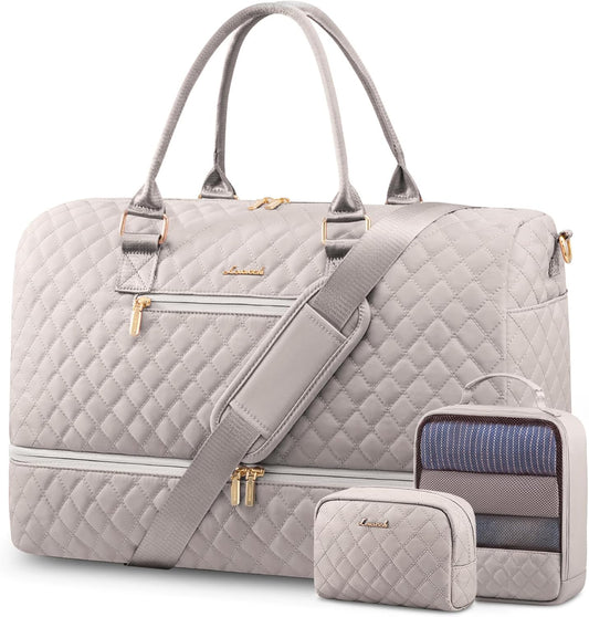 LOVEVOOK Travel Duffle Bag for Women, Weekender Overnight Bag with Shoe Compartment, Carry on Bag with Toiletry Bag, Gym Duffel Bag with Wet Pocket, Hospital Bags for Labor and Delivery 3 Pcs Set