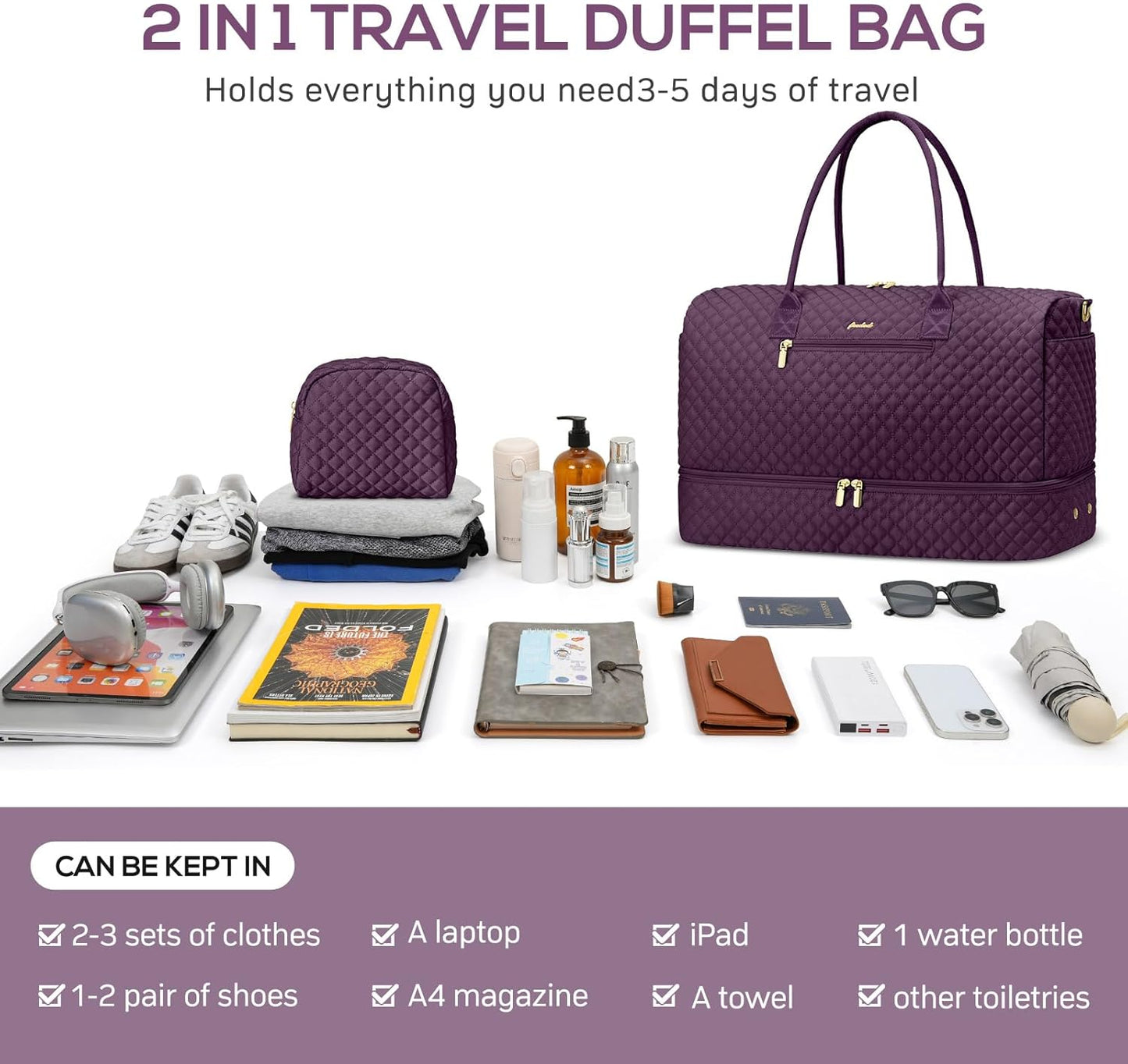 Travel Duffle Weekender Bags for Women - Carry on Overnight with Shoe Compartment Duffle Bag Hospital Bag Dark Purple