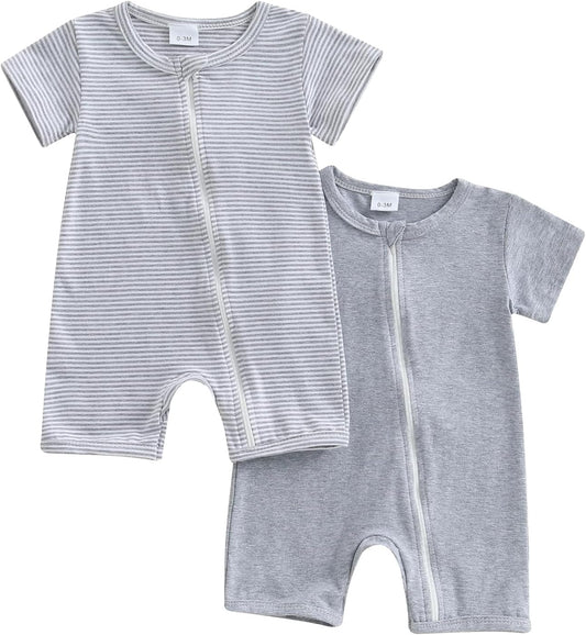 Merqwadd Baby Boy Girl 2 Pack Romper Short Sleeve Zipper Jumpsuit Plain Summer Clothes