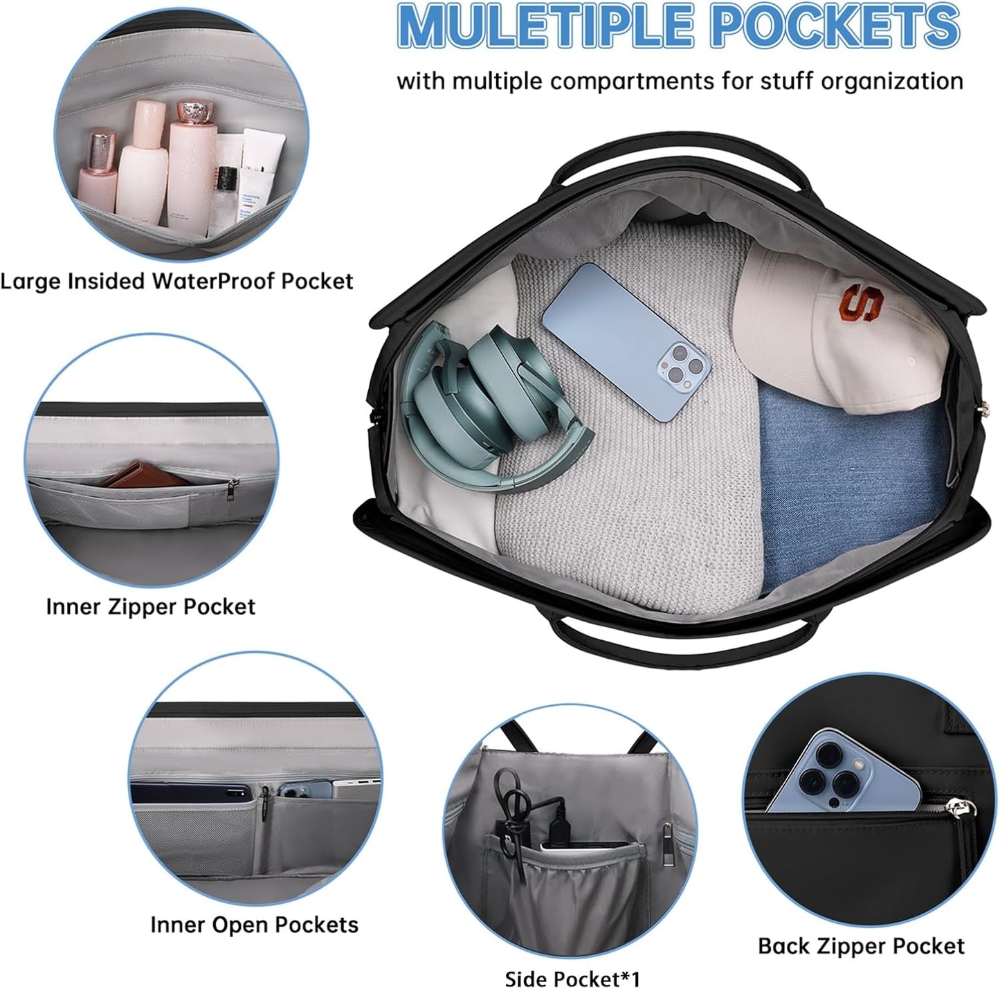 ETRONIK Weekender Overnight Duffle with Shoe Compartment & Wet Pocket, Carry On Gym Bag for Travel & Hospital, XL Black