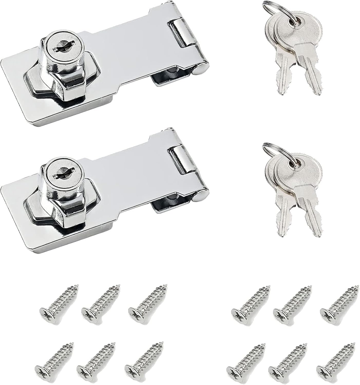 3 Inch Keyed Hasp Lock for Cabinets & Small Doors, Twist Knob Design, Heavy Duty Zinc Alloy with Chrome-Plated Iron, Includes Keys & Screws - Silver, 2 Pack