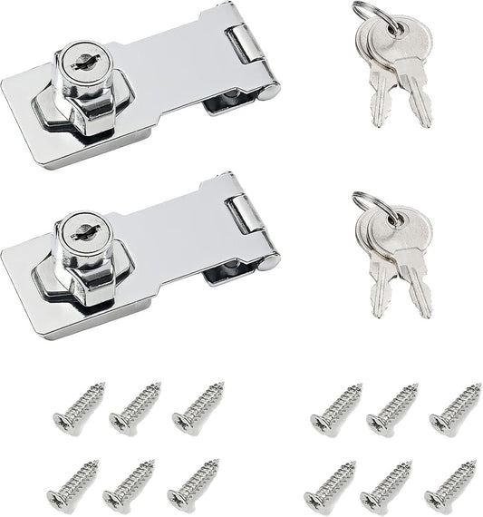 3 Inch Keyed Hasp Lock for Cabinets & Small Doors, Twist Knob Design, Heavy Duty Zinc Alloy with Chrome-Plated Iron, Includes Keys & Screws - Silver, 2 Pack