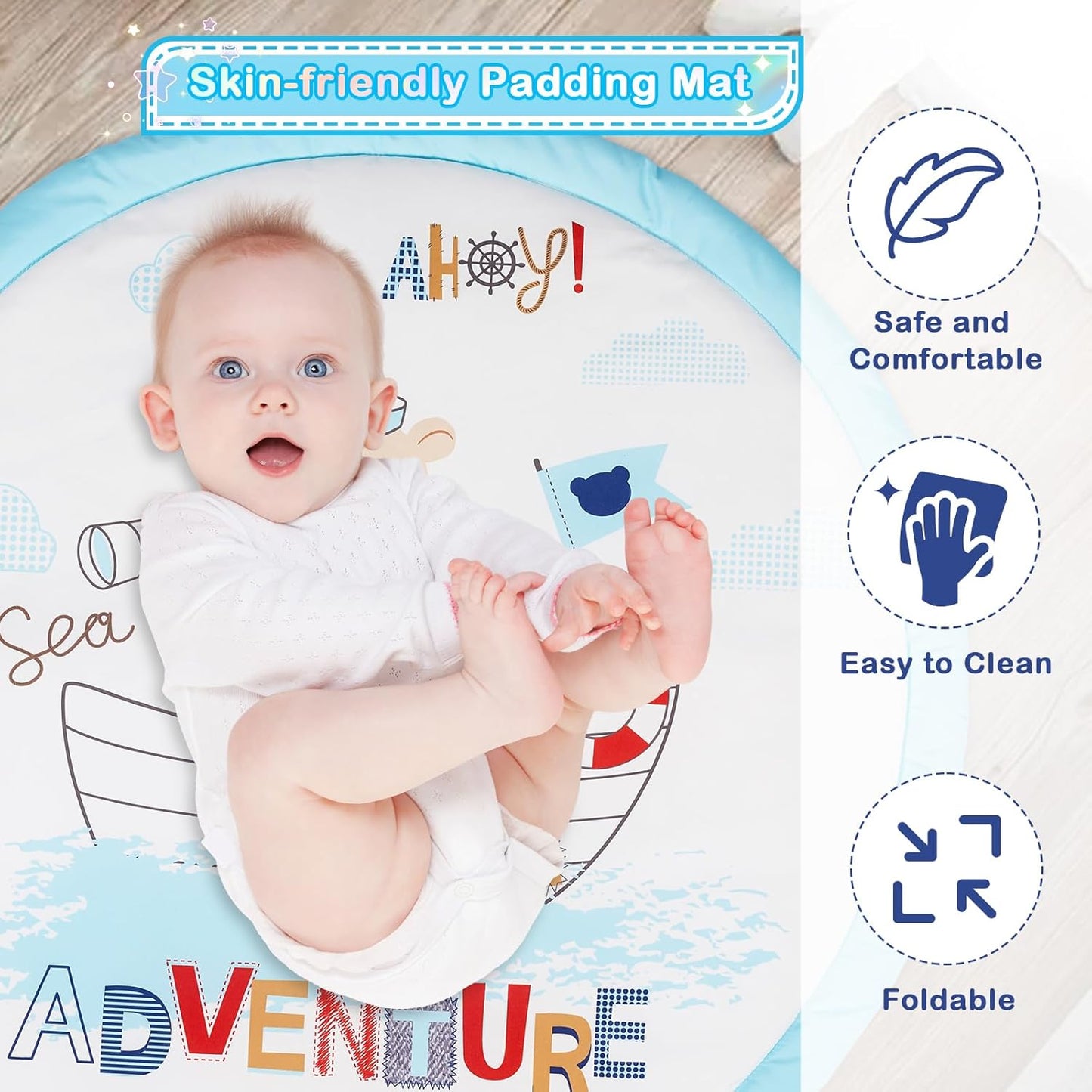 Baby Play Mat, 4-in-1 Baby Play Gym Tummy Time Mat with Ball Pit and 5 Detachable Toys for Newborn to Develop Sensory Exploration and Motor Skill 0-6-12 Months