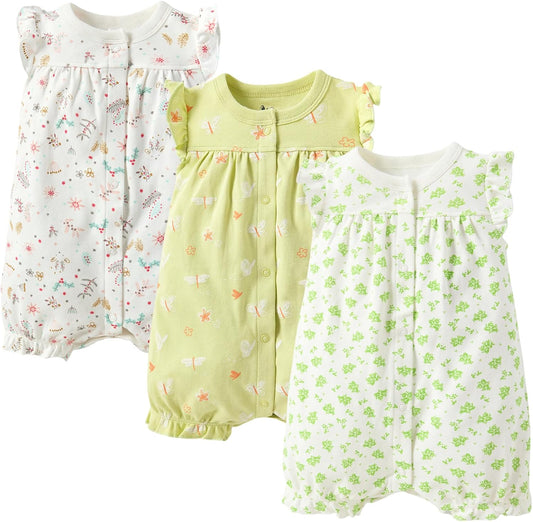 3-pack 100% Cotton Baby Girl Rompers, 0-24 months Ruffle Sleeve Toddler Romper Summer Clothes Set