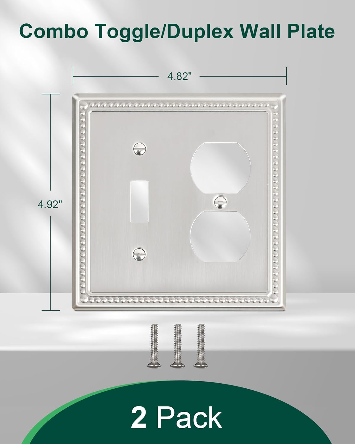 2-Pack Combo Toggle/Duplex Light Switch Cover Plate, Brushed Nickel Metal Wall Outlet Cover, Decorative Classic Beaded Wall Plate