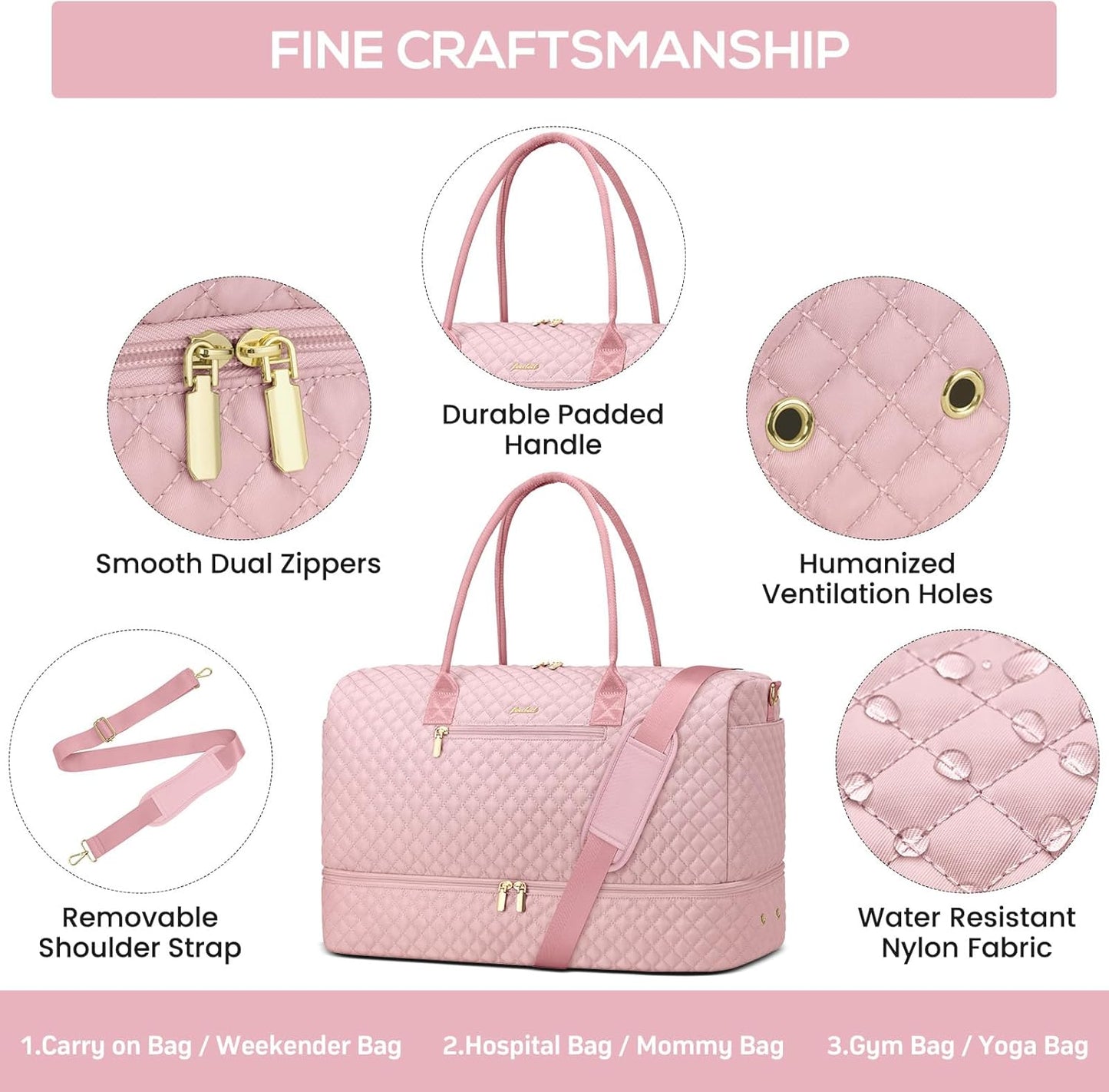 Travel Weekender Bags for Women - Duffle Bag Women with Shoe Compartment Carry On Overnight Bag with Toiletry Bag Duffel Bags with Wet Pocket for Gym Hospital Bags for Labor and Delivery Pink