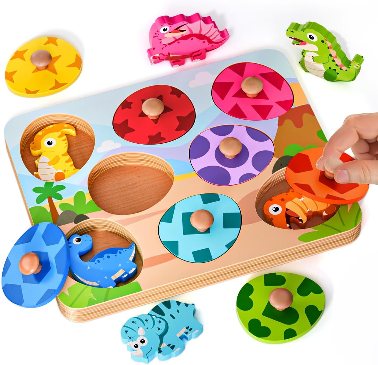 Dinosaur Wooden Puzzles for Toddlers 1-3, Montessori Toys for 1 2 Year Old Boy Birthday Gifts, Dinosaur Matching Eggs Peg Puzzles for Toddlers Age 2-4, Preschool Learning Activities for Girls