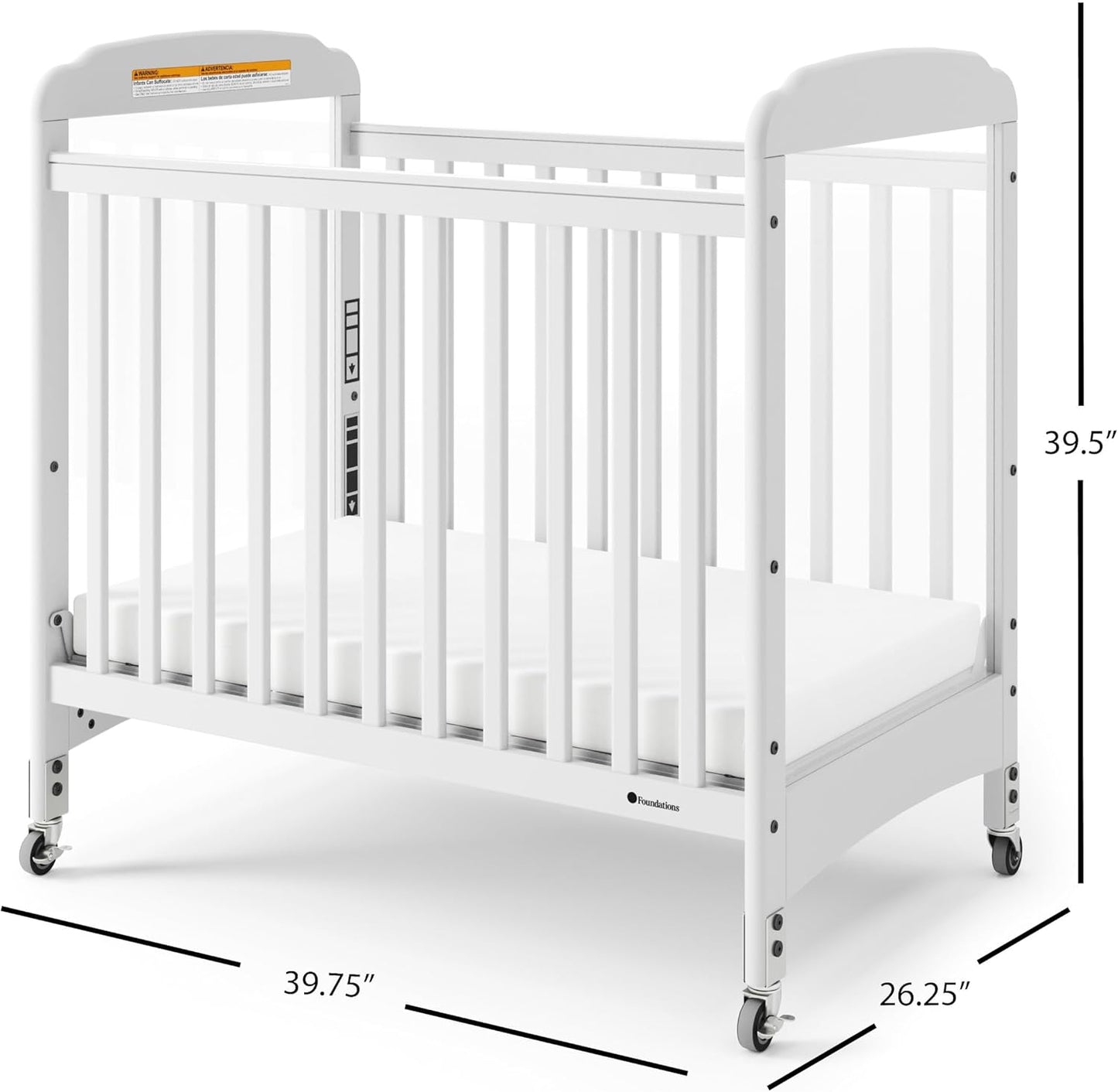 Foundations Serenity Compact Clearview Daycare Crib, Fixed Side, Durable Wood Construction, Non-Marking Casters (2 Locking), Clear End Panels, Includes 3” InfaPure Foam Mattress (White)