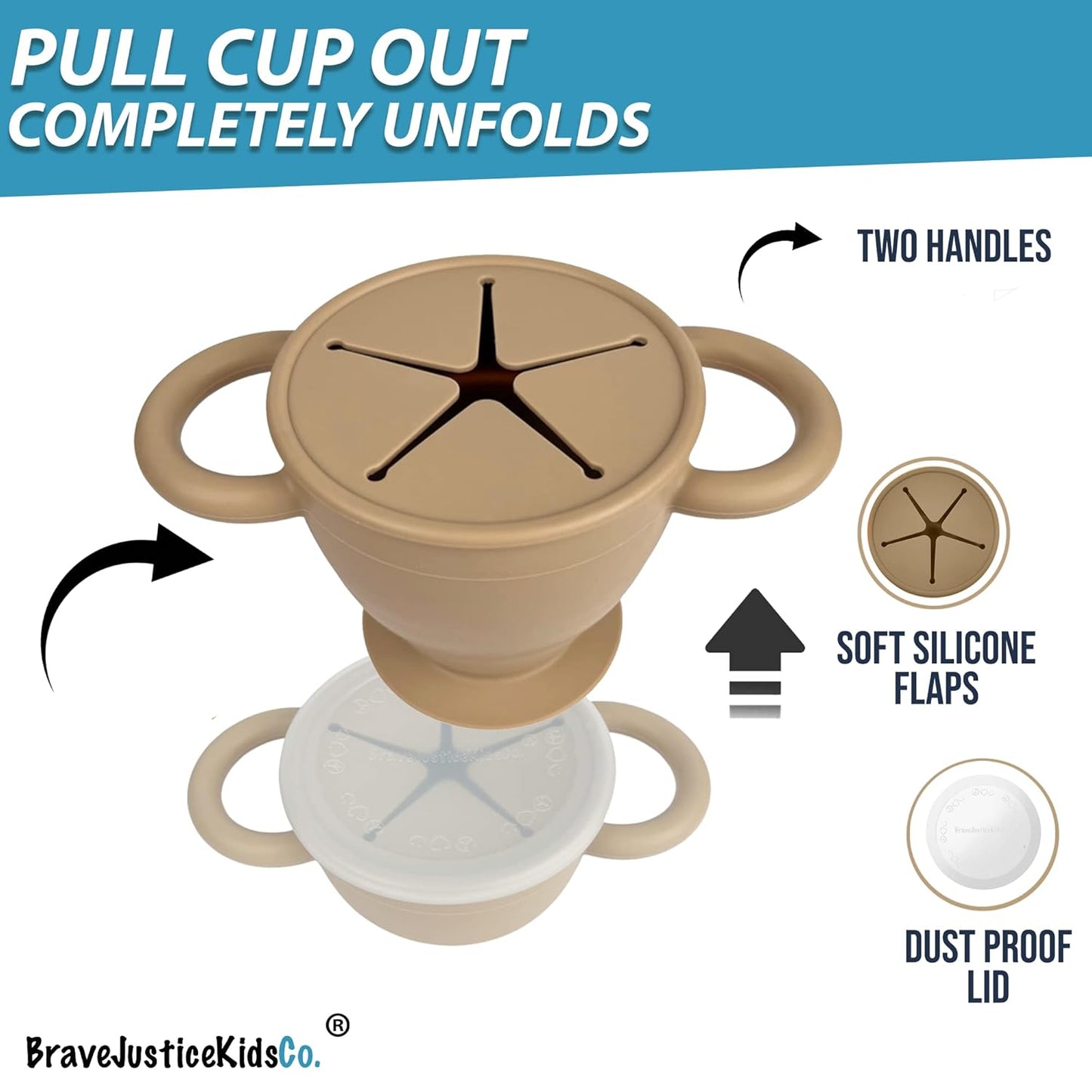 BraveJusticeKidsCo. | Snack Attack II Snack Cup | Collapsible Silicone Snack Container | Toddler and Baby Snack Catcher Lid (Warm Sand)
