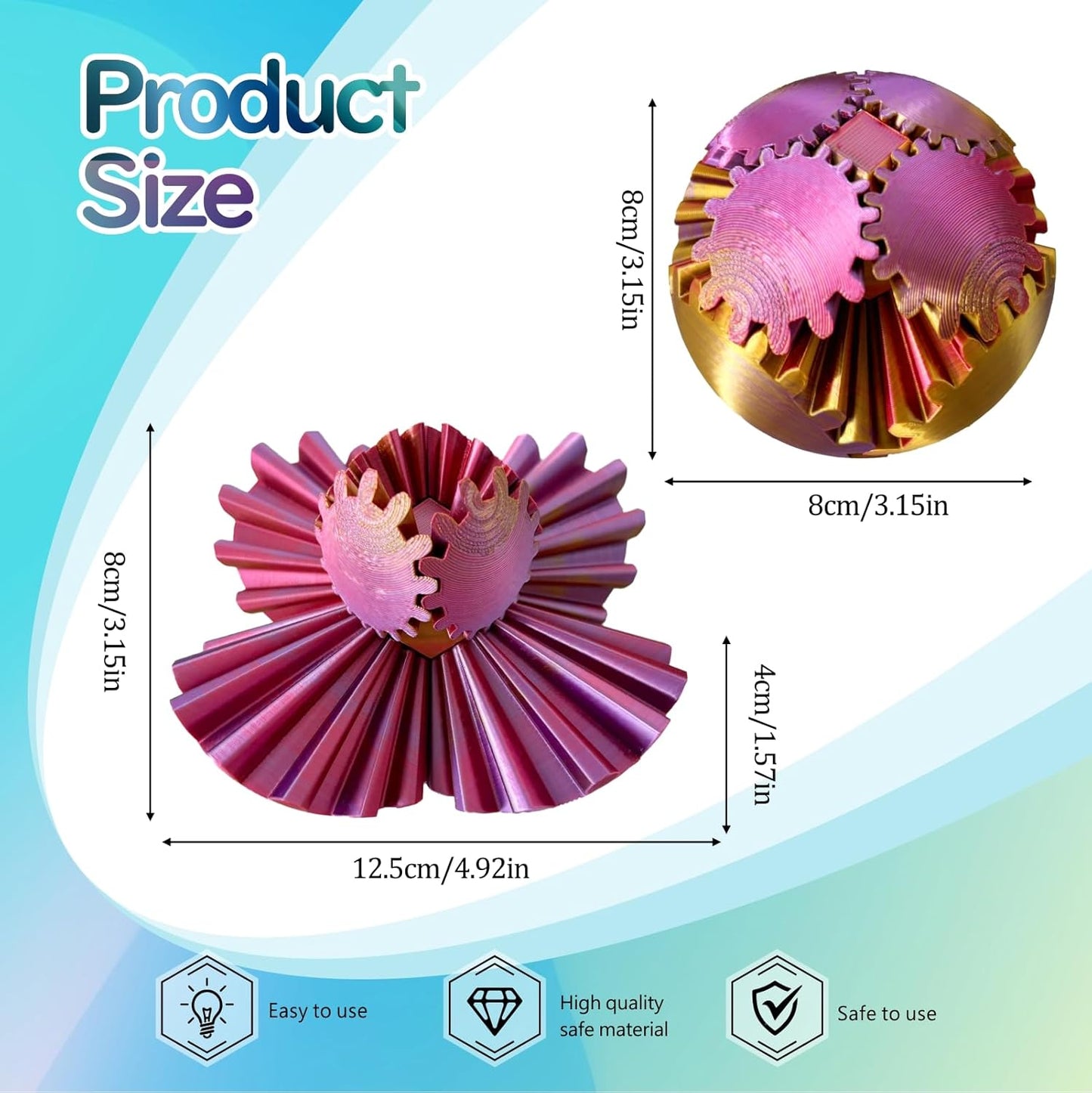 Gear Ball - GearSphere Fidget Toy, 3D Printed Gear Ball Spin Ball Cube Desk Toy, 2024 Gear Sphere Cube Puzzlefor Adults Kids, Stress and Anxiety Relaxing Fidget Toy (Red-Gold-Purple)