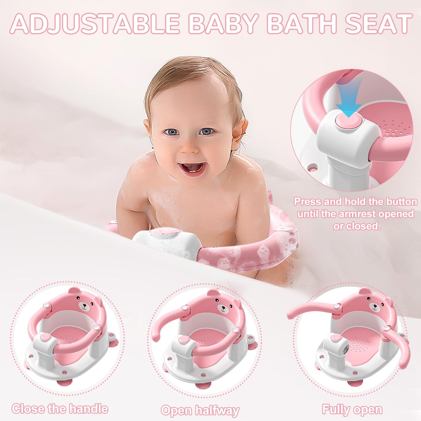 Baby Bath Seat for Babies 6 Months & up, Non-Slip Toddler Bath Seats for Babies Sitting Up, Safe Infant & Newborn Bathtub Chair with 4 Suction Cups & Soft Cushion for Shower,Pink