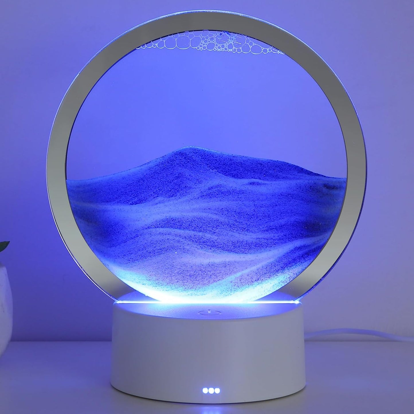 KPNUWN Moving Sand Art Liquid Motion, 3D Deep Sea Sandscape Color Quicksand Decor, Round Glass Moving Sand Art Picture Relaxing Desktop Home Office Work Decor (7 inch-Blue Light)