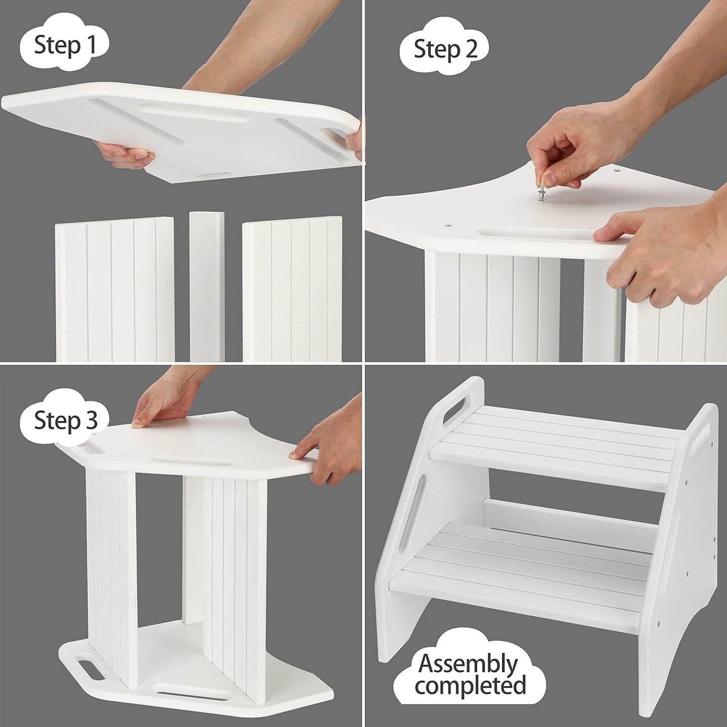 AMBIRD Wooden Two Step Stools Toddler with Safety Non-Slip Pads and Handles, Bamboo Step Stool for Bathroom, Bedroom, Kitchen Dual Height Step Stools for Kids (White)