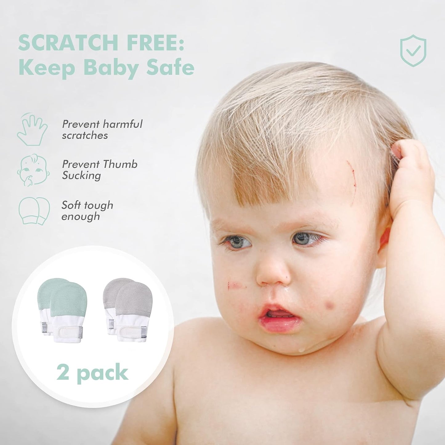 HAPIU Baby No Scratch Mittens Stay On, 100% Cotton Breathable, Adjustable Infant Gloves for Boys Girls, Newborn - 12 M