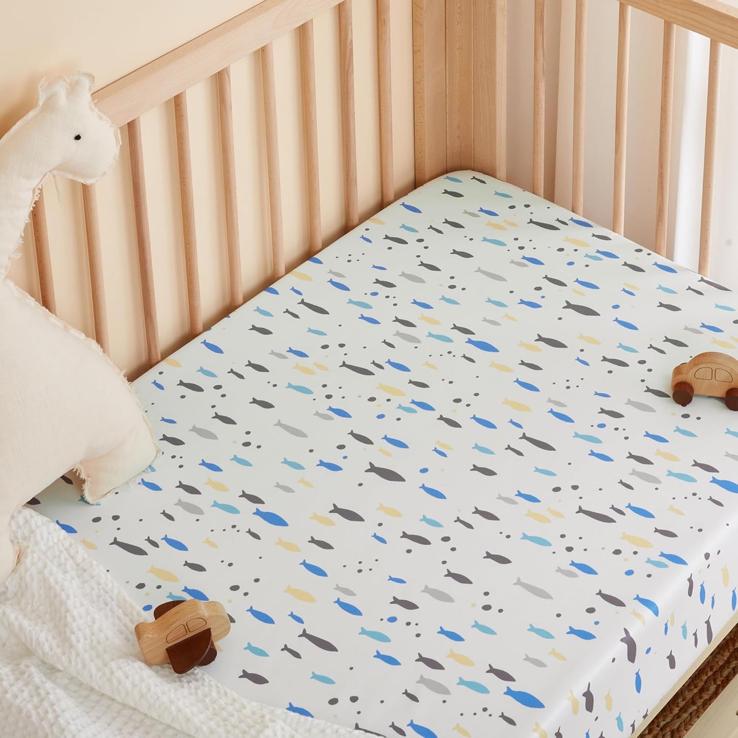 TILLYOU Baby Crib Sheets for Boys Girls, Super Soft Toddler Bed Sheets, 2 Pack Sheets for Standard Crib Mattress 28x52in, Little Blues Fish