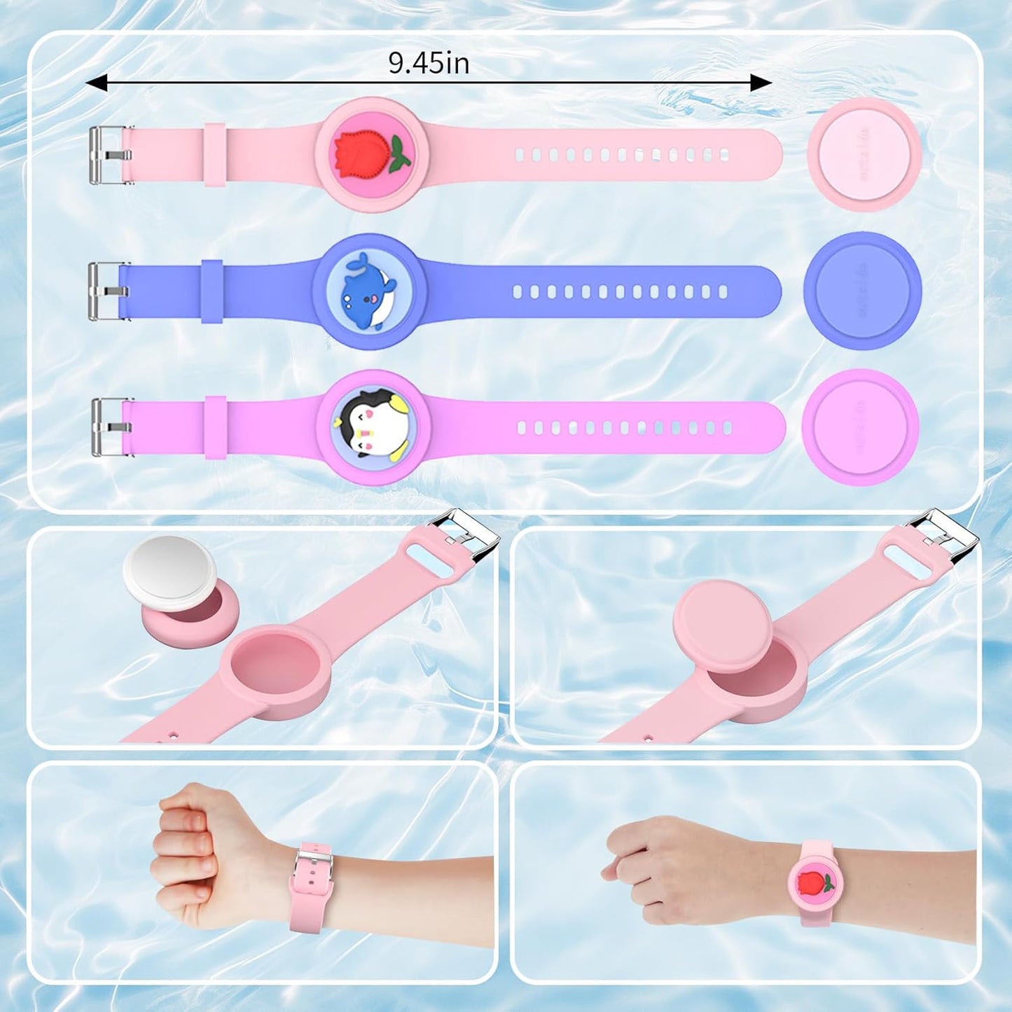 BoAn Waterproof Airtag Bracelet (3 Pack), Lightweight GPS Tracker Case Cover, Soft Silicone Hidden AirTag Wristband, Compatible with Apple Airtag Watch Band for Kids (Pink, Purple, Blue)