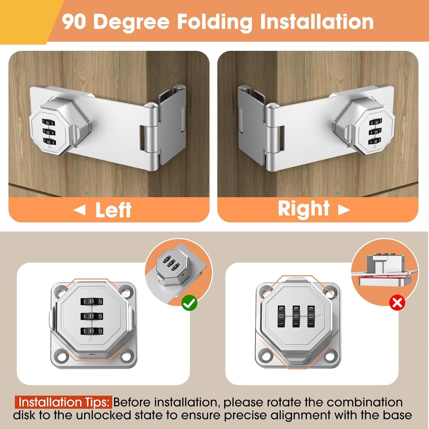 90 Degree Cabinet Locks with Combination, Mechanical Folding Door Latch, Keyless Password Rotary Hasp Latch Lock for Office File Cabinet, Drawers, Locker, Small Door, Cupboard (2, Silver)
