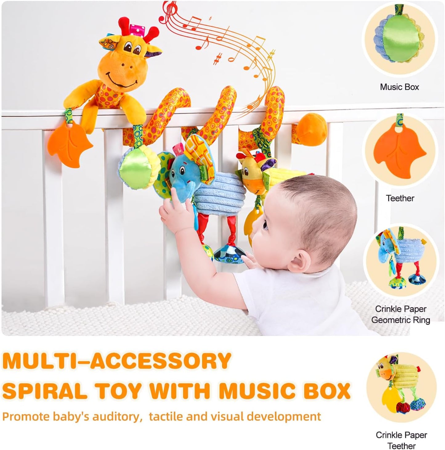 Jollybaby Crib Stroller Car Seat Toys for Baby 0-3-6-9-12 Months, Tummy Time Hanging Sensory Toys for Newborn with Music Box and Teether, Spiral Carseat Toy for Infant Boys Girls Gifts (Giraffe)