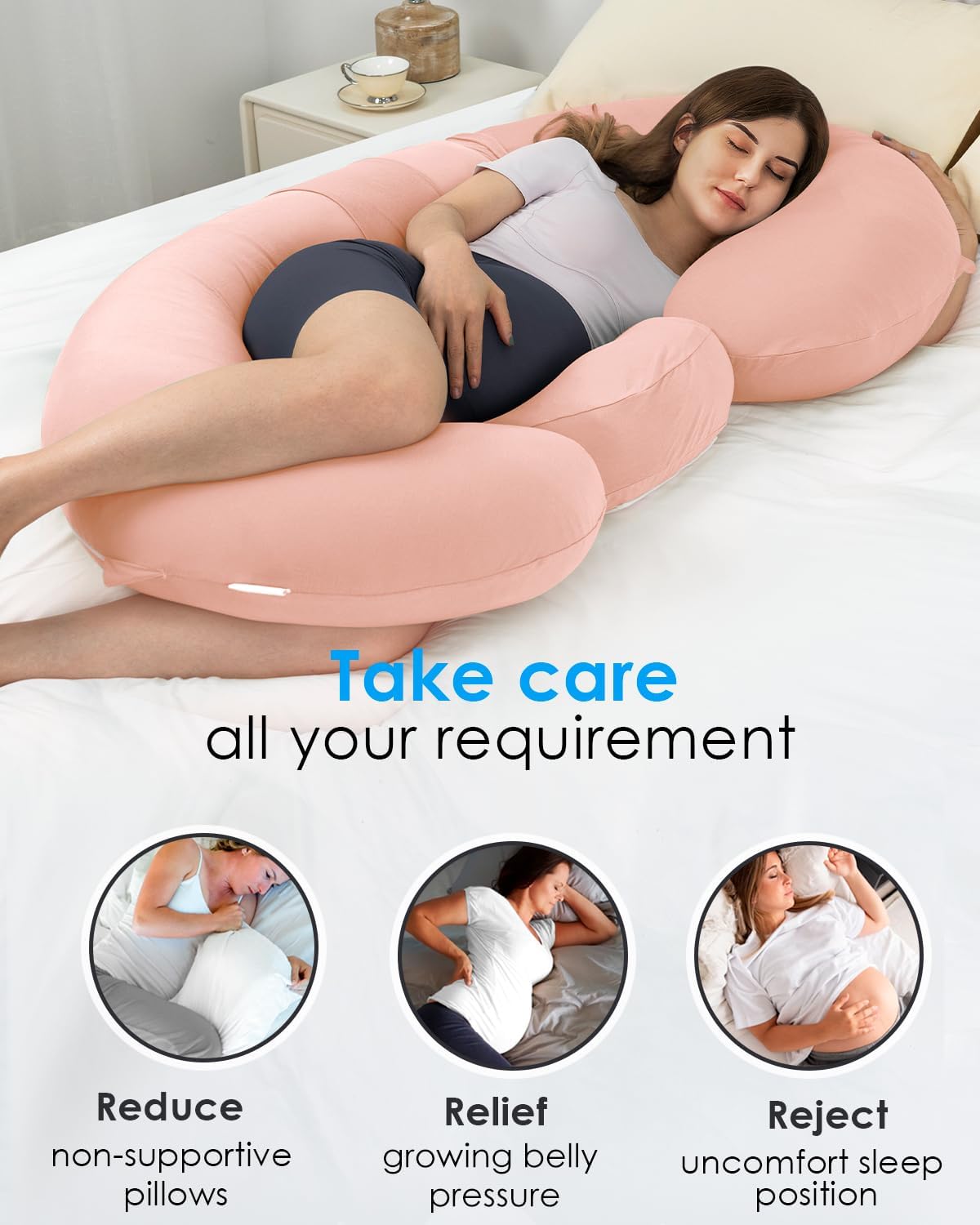 QUEEN ROSE Cooling E Shaped Pregnancy Pillows, Detachable Body Pillow for Sleeping, with Pregnancy Wedge Pillow for Belly Support, Cooling Rayon Cover,Pink