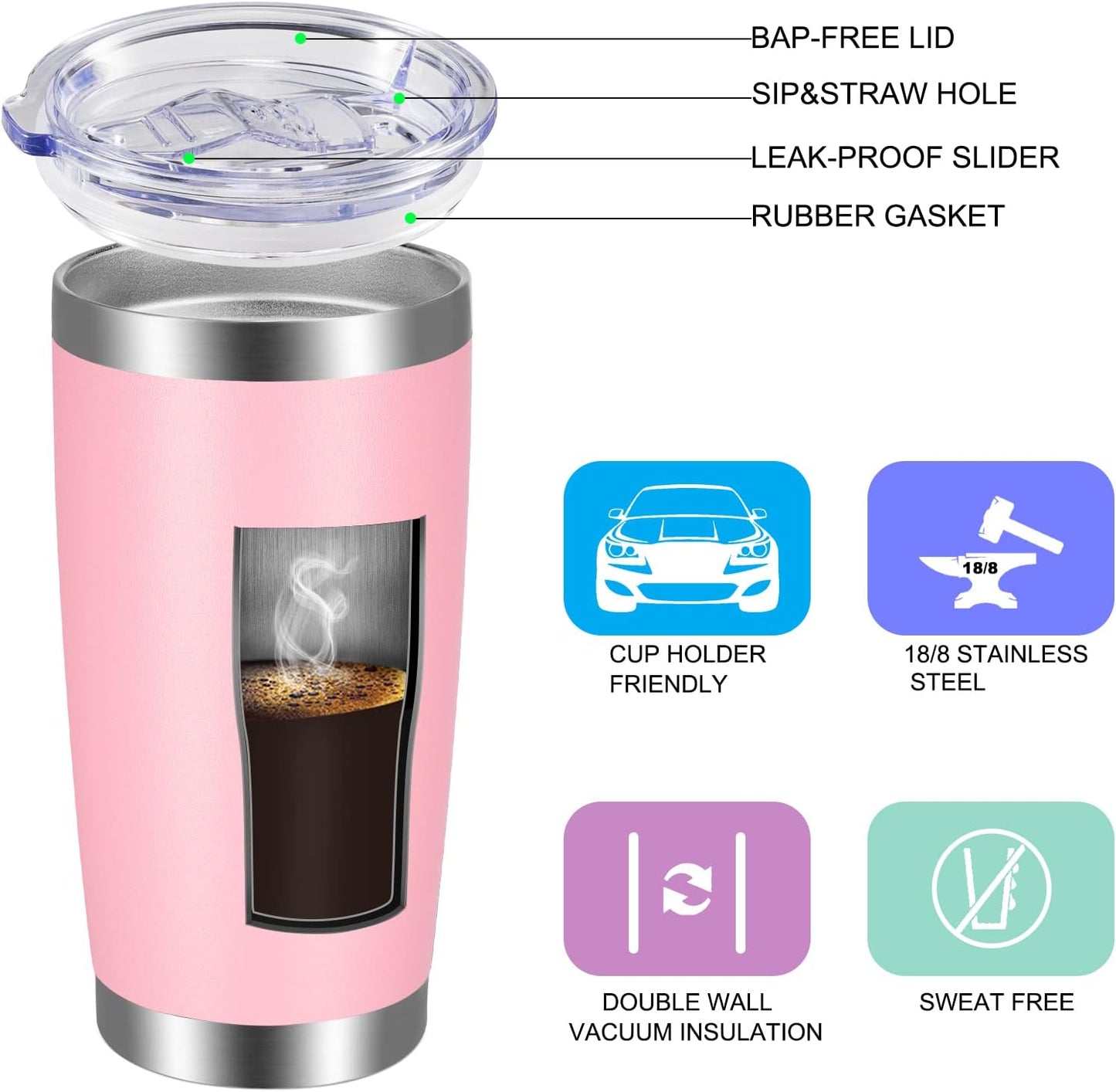 VEGOND 20oz Tumbler with Lid and Straw Stainless Steel Tumbler Cup Bulk Vacuum Insulated Double Wall Travel Coffee Mug Powder Coated Coffee Cup(Pink 12 Pack