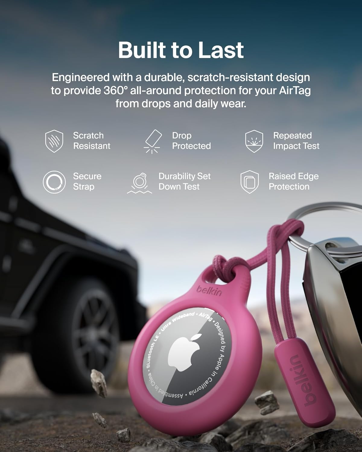 Belkin Apple Airtag Secure Holder With Strap - Apple Air Tag Keychain - Airtag Holder With Strap For Key Ring - Airtag Keychain Accessories - Scratch Resistant Airtag Case With Raised Edges - Pink