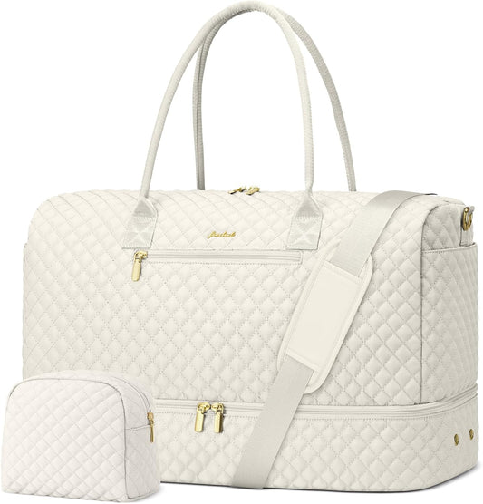 Travel Overnight Bag Weekender Bags - Duffle Bag Women with Shoe Compartment Carry On Overnight Bag with Toiletry Bag Duffel Bags with Wet Pocket for Gym Hospital Bags for Labor and Delivery Beige