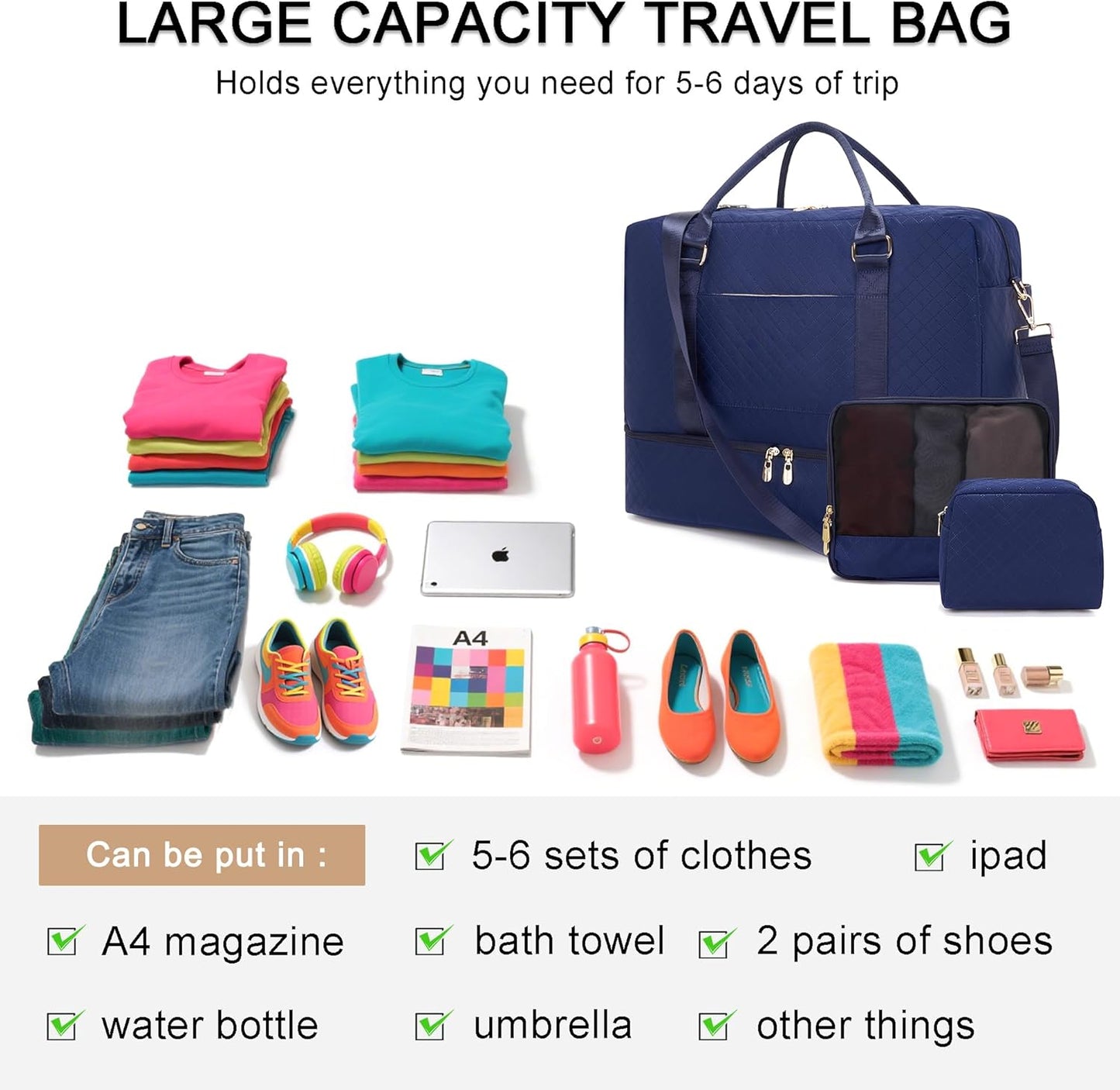 Soperwillton Women Travel Duffel Bags Carry On Overnight Bag with Shoe Compartment & Toiletry Pouch Gym Bag with Wet Pocket