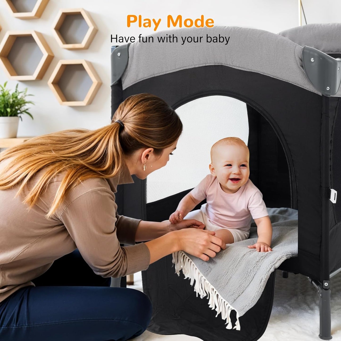 5 in 1 Baby Crib,Bedside Sleeper Bassinet,Pack and Play with Bassinet and Changing Table,Portable Travel Playpen Music Box,Portable Travel Crib for Infant Newborn (Black Gray)