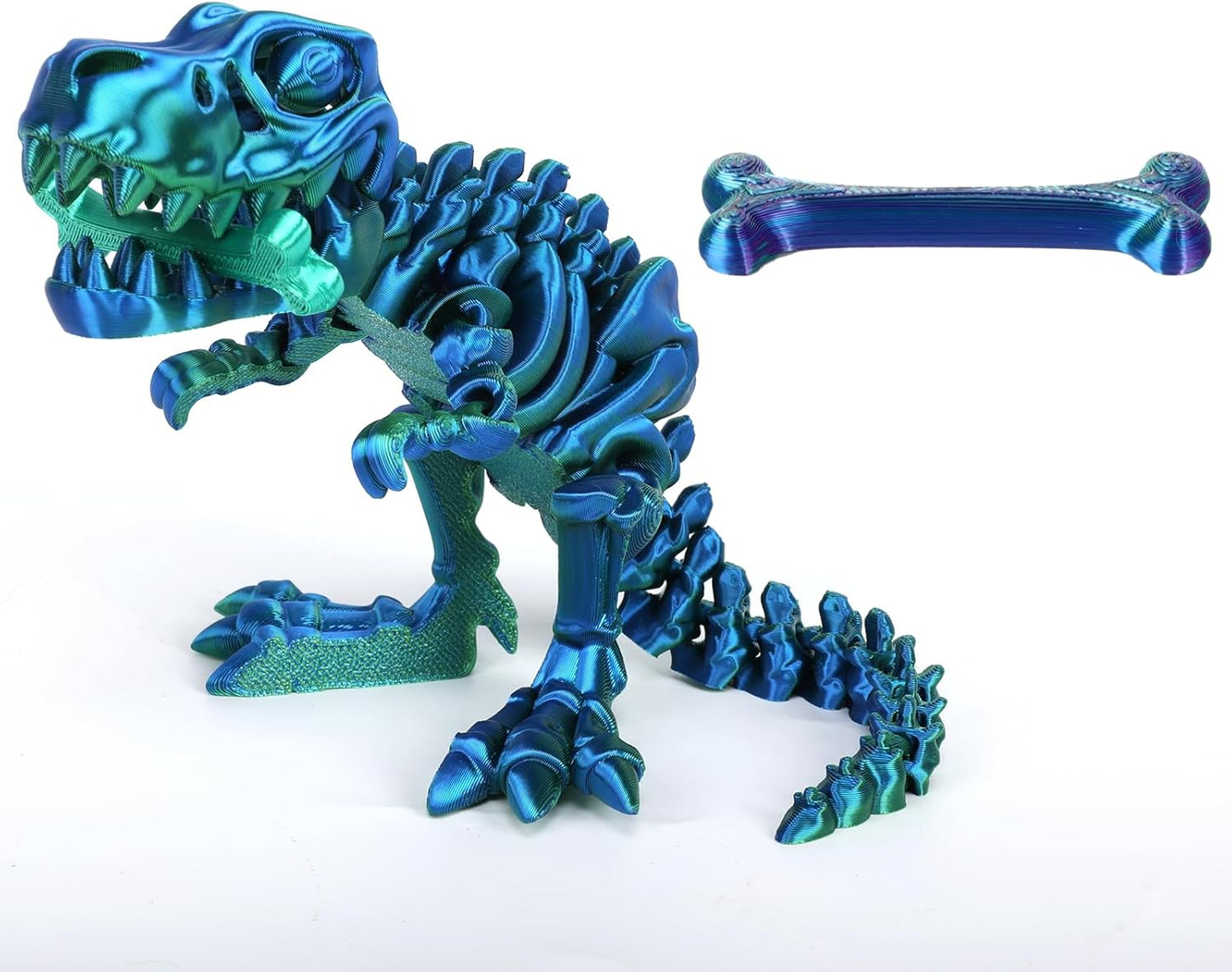 3D Printed Dinosaur Bone Skeleton Tyrannosaurus Rex with Movable Jaw Fidget Dinosaur Toys Full Articulated Dinosaur Executive Desk Toys Home Office Decor, Blue Mix Green