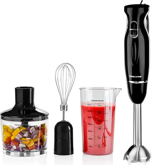 OVENTE Immersion Hand Blender, 300W Electric Handheld Portable Stick Mixer Set with 2 Mixing Speed, Stainless Steel Blades, Egg Whisk Attachment, Mixing Beaker and BPA-Free Food Chopper, Black HS565B