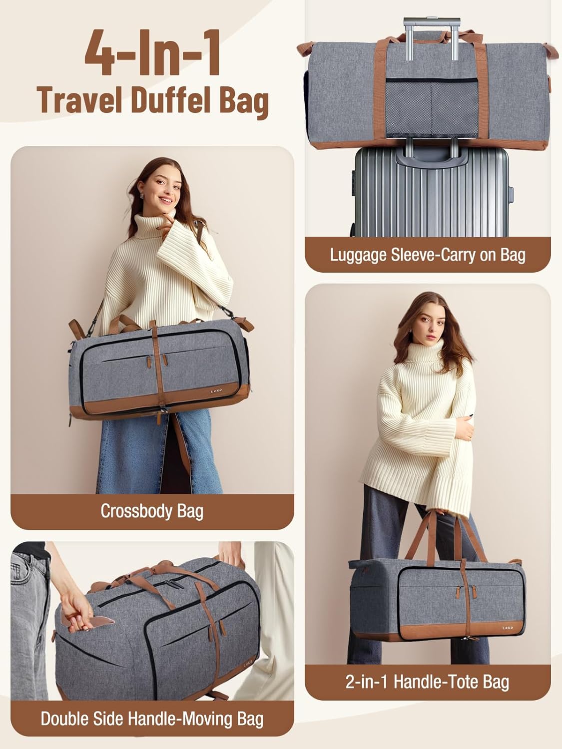 Lekesky Foldable Travel Duffel Bag for Women, 80L Large Duffle Bag with Separate Shoes Compartments & Straps, Carry On Weekend Bag for Women, Hospital, Overnight(Grey)